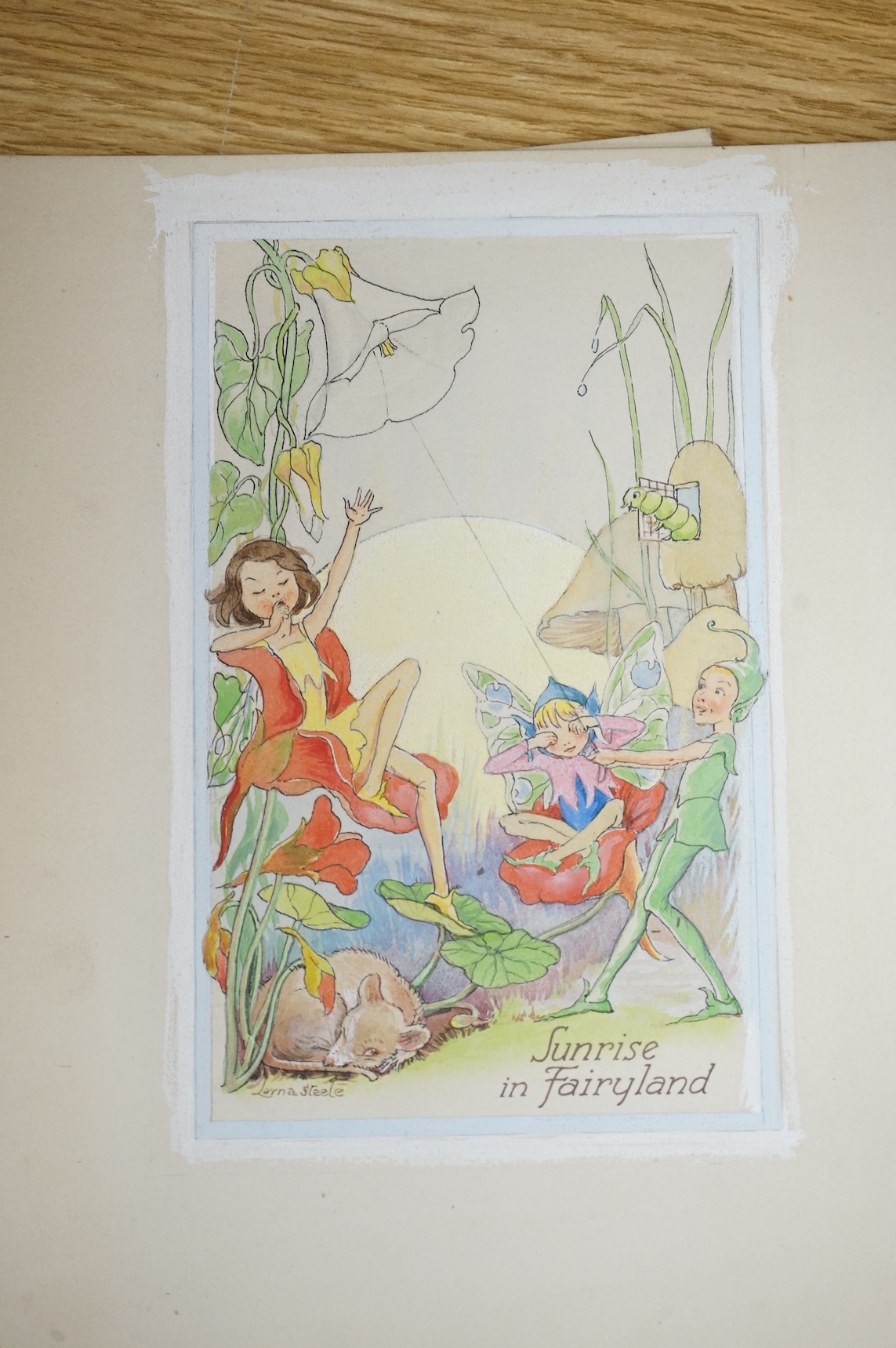 Lorna Steele (1902-1990), a set of six original watercolours for children's postcard artworks, Fun in Fairyland, each signed and inscribed, unframed, largest 27 x 16cm